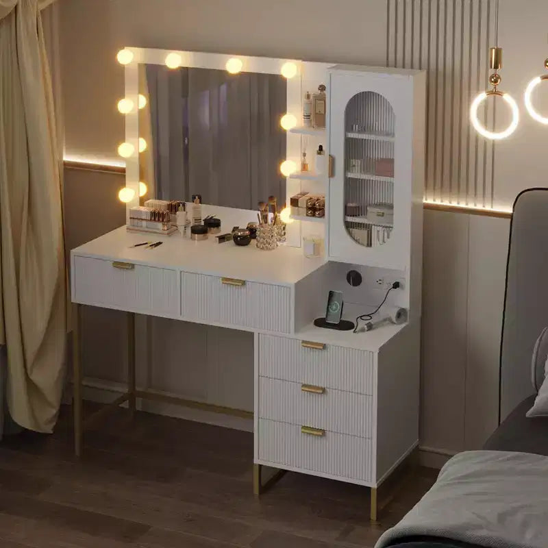 Modern Vanity Makeup Desk with Vanity Mirror, Built-in Lights, 5 Drawers, Power Outlet, Makeup Desk for Bedroom, White & Gold