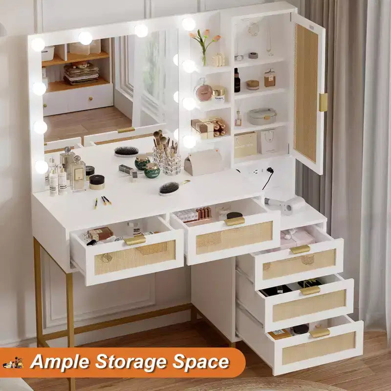 Modern Vanity Makeup Desk with Vanity Mirror, Built-in Lights, 5 Drawers, Power Outlet, Makeup Desk for Bedroom, White & Gold