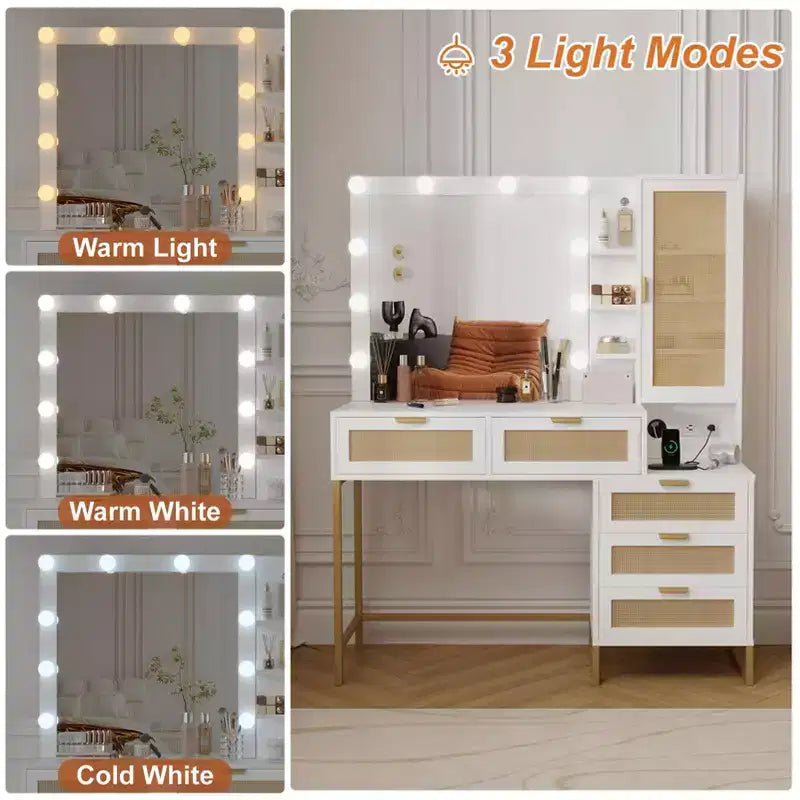 Modern Vanity Makeup Desk with Vanity Mirror, Built-in Lights, 5 Drawers, Power Outlet, Makeup Desk for Bedroom, White & Gold
