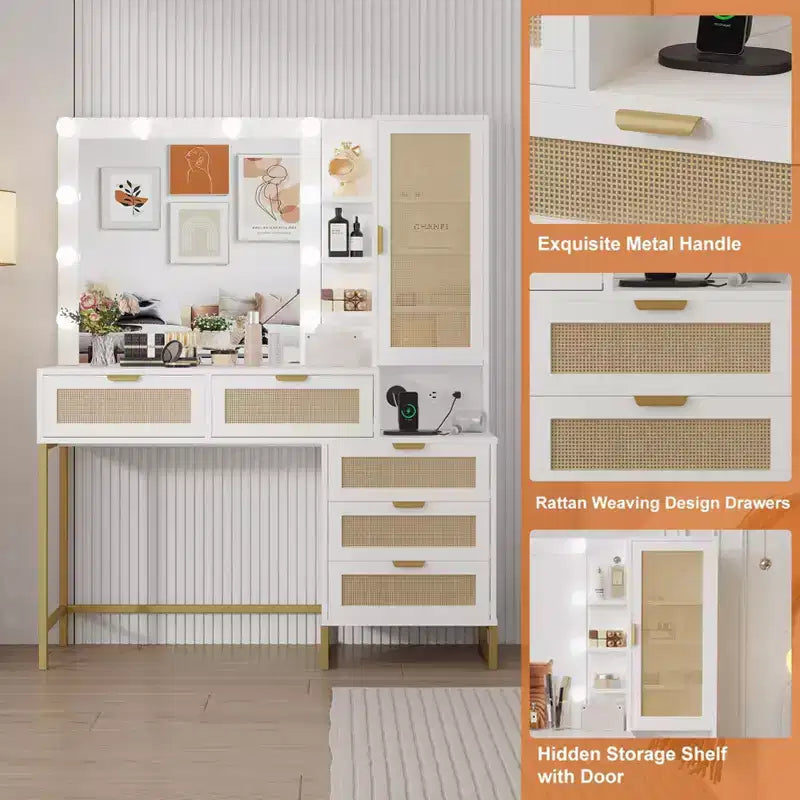 Modern Vanity Makeup Desk with Vanity Mirror, Built-in Lights, 5 Drawers, Power Outlet, Makeup Desk for Bedroom, White & Gold