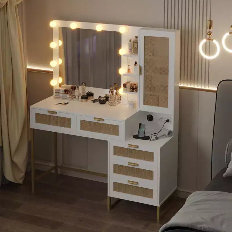Modern Vanity Makeup Desk with Vanity Mirror, Built-in Lights, 5 Drawers, Power Outlet, Makeup Desk for Bedroom, White & Gold