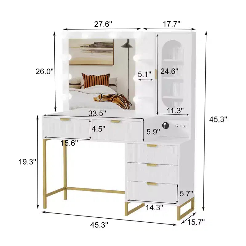 Modern Vanity Makeup Desk with Vanity Mirror, Built-in Lights, 5 Drawers, Power Outlet, Makeup Desk for Bedroom, White & Gold