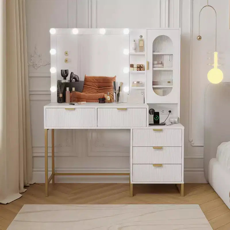 Modern Vanity Makeup Desk with Vanity Mirror, Built-in Lights, 5 Drawers, Power Outlet, Makeup Desk for Bedroom, White & Gold