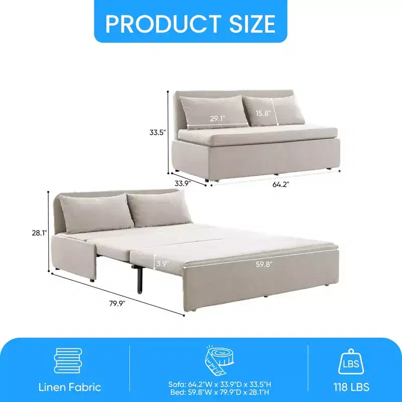 Full/Queen Size Sofa Bed, 2 in 1 Convertible Linen Loveseat Sleeper Sofa Couch with Cushions