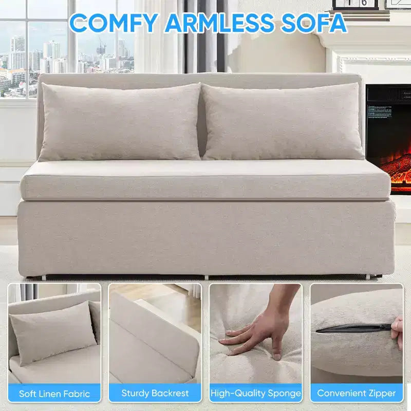Full/Queen Size Sofa Bed, 2 in 1 Convertible Linen Loveseat Sleeper Sofa Couch with Cushions