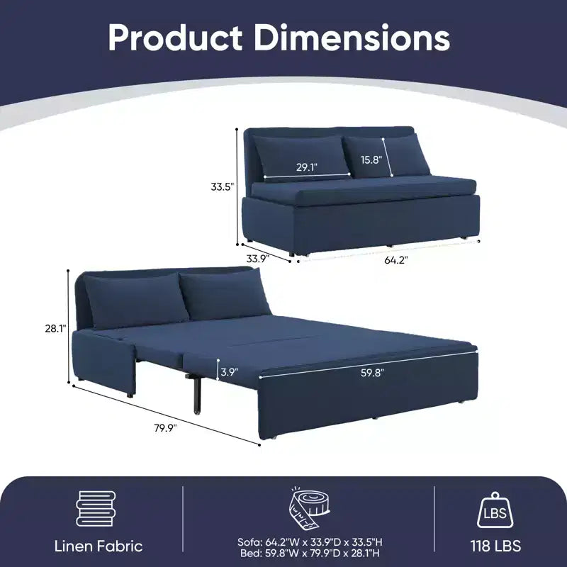 Full/Queen Size Sofa Bed, 2 in 1 Convertible Linen Loveseat Sleeper Sofa Couch with Cushions