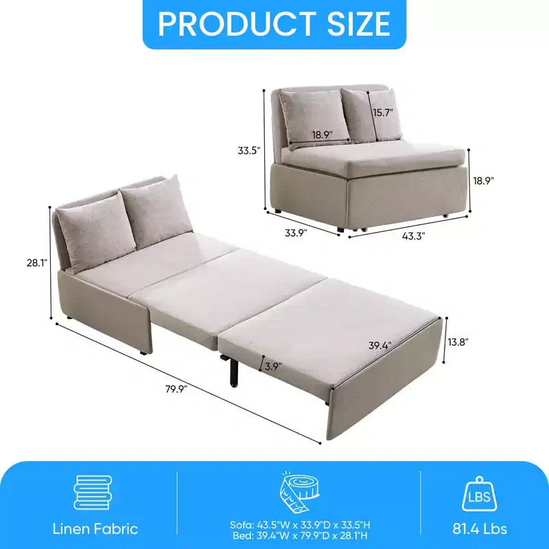 Full/Queen Size Sofa Bed, 2 in 1 Convertible Linen Loveseat Sleeper Sofa Couch with Cushions