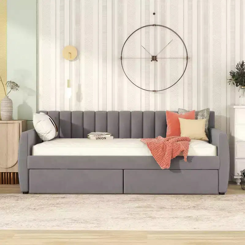 Twin Size Upholstered daybed with Drawers Wood Slat Support Gray