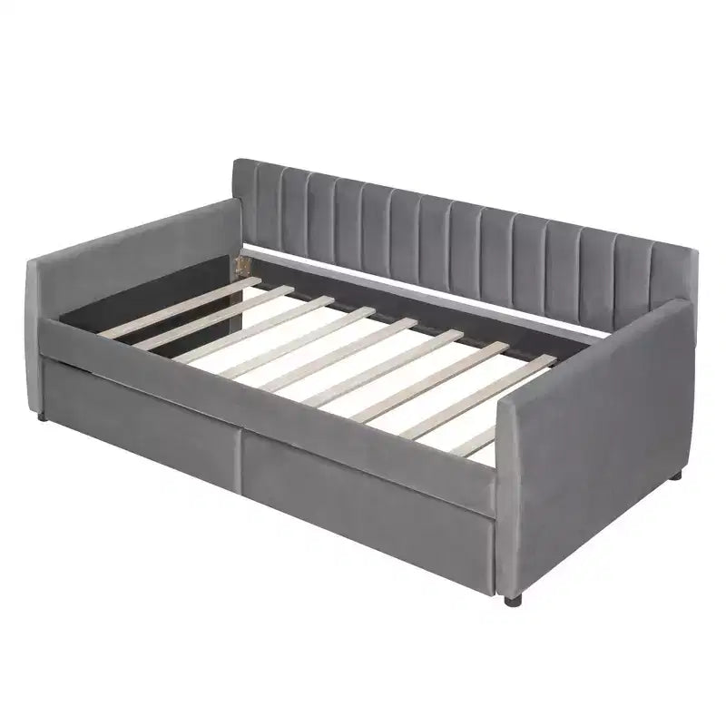 Twin Size Upholstered daybed with Drawers Wood Slat Support Gray