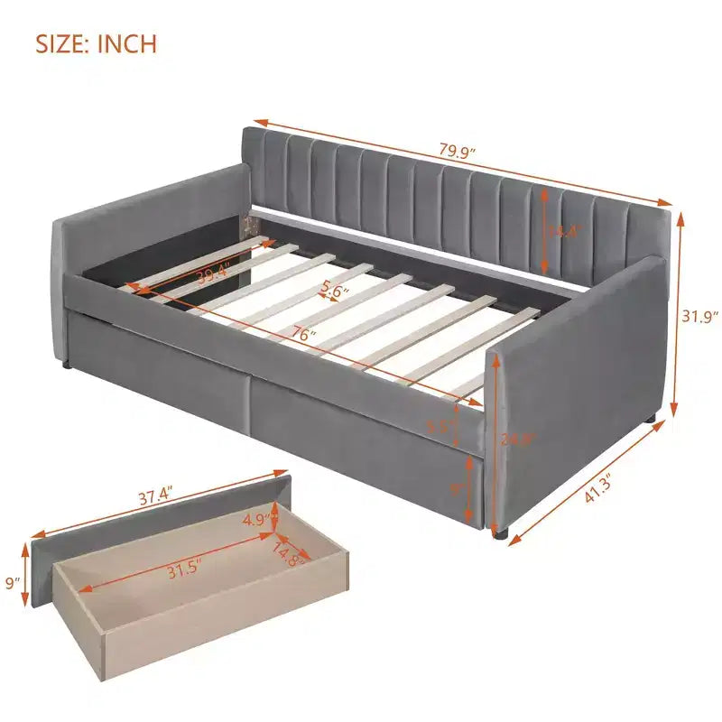 Twin Size Upholstered daybed with Drawers Wood Slat Support Gray