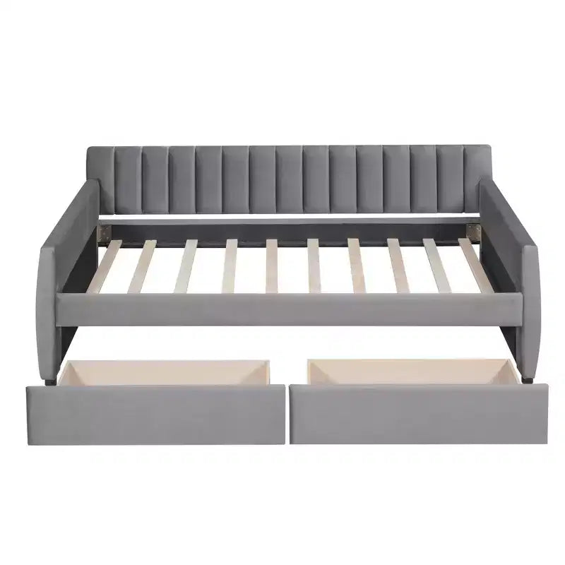Twin Size Upholstered daybed with Drawers Wood Slat Support Gray