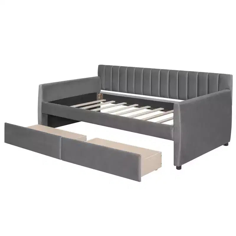 Twin Size Upholstered daybed with Drawers Wood Slat Support Gray