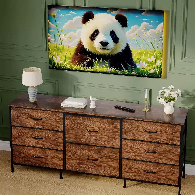 8 Drawer Fabric Dresser TV Stand with Wooden Top, Metal Frame Storage Chest, Wide Closet Organizer for Bedroom Living Room Hallway
