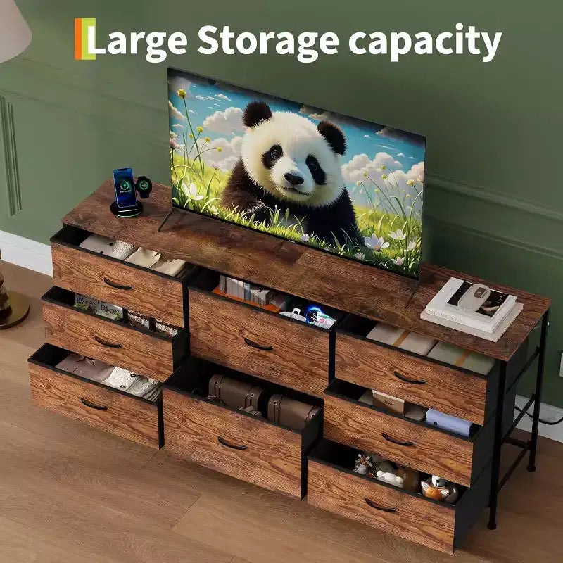 8 Drawer Fabric Dresser TV Stand with Wooden Top, Metal Frame Storage Chest, Wide Closet Organizer for Bedroom Living Room Hallway