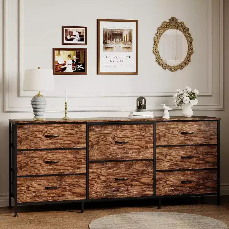 8 Drawer Fabric Dresser TV Stand with Wooden Top, Metal Frame Storage Chest, Wide Closet Organizer for Bedroom Living Room Hallway