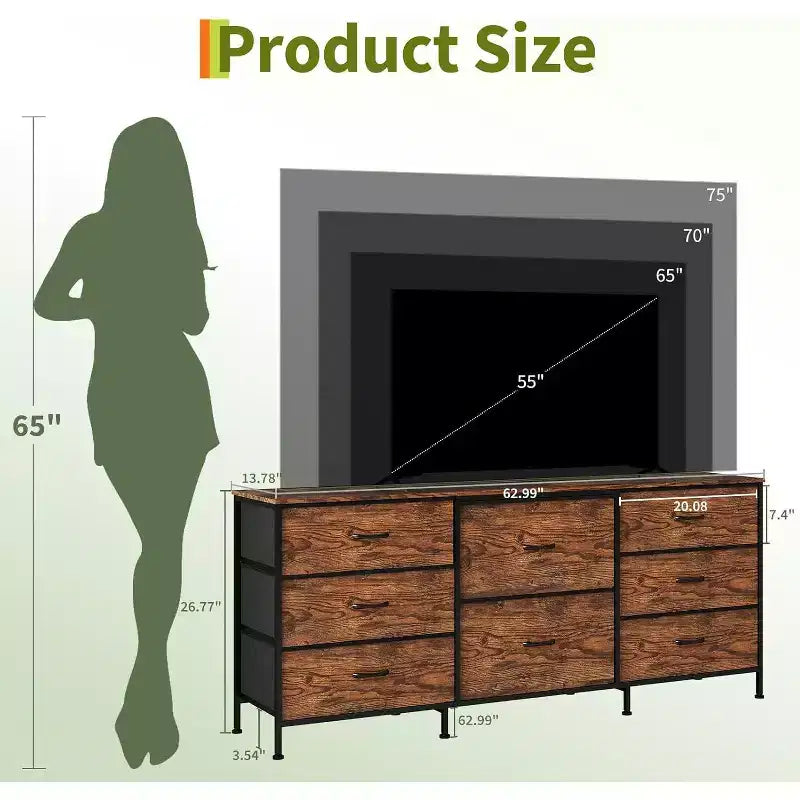 8 Drawer Fabric Dresser TV Stand with Wooden Top, Metal Frame Storage Chest, Wide Closet Organizer for Bedroom Living Room Hallway