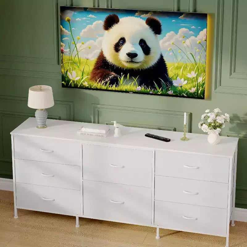 8 Drawer Fabric Dresser TV Stand with Wooden Top, Metal Frame Storage Chest, Wide Closet Organizer for Bedroom Living Room Hallway