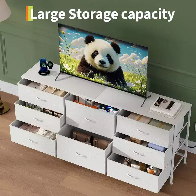 8 Drawer Fabric Dresser TV Stand with Wooden Top, Metal Frame Storage Chest, Wide Closet Organizer for Bedroom Living Room Hallway
