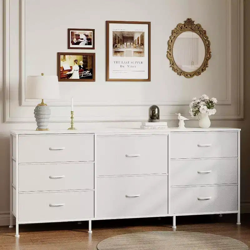 8 Drawer Fabric Dresser TV Stand with Wooden Top, Metal Frame Storage Chest, Wide Closet Organizer for Bedroom Living Room Hallway