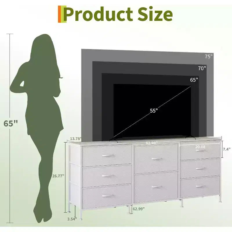 8 Drawer Fabric Dresser TV Stand with Wooden Top, Metal Frame Storage Chest, Wide Closet Organizer for Bedroom Living Room Hallway