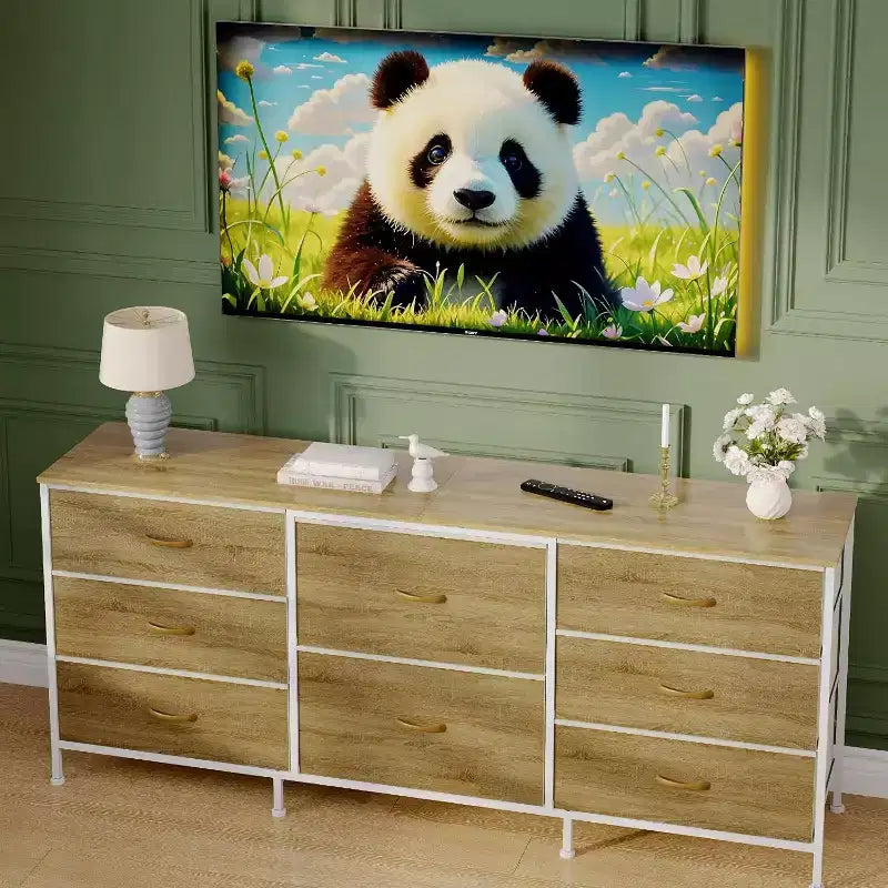 8 Drawer Fabric Dresser TV Stand with Wooden Top, Metal Frame Storage Chest, Wide Closet Organizer for Bedroom Living Room Hallway
