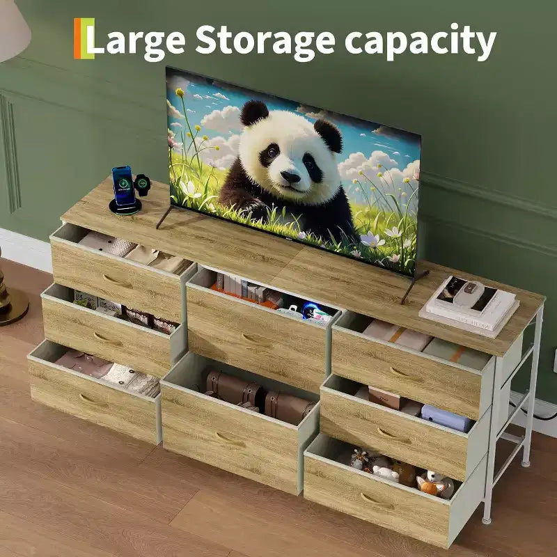 8 Drawer Fabric Dresser TV Stand with Wooden Top, Metal Frame Storage Chest, Wide Closet Organizer for Bedroom Living Room Hallway