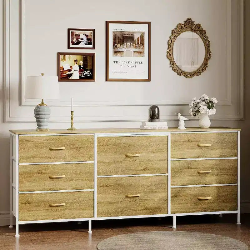 8 Drawer Fabric Dresser TV Stand with Wooden Top, Metal Frame Storage Chest, Wide Closet Organizer for Bedroom Living Room Hallway