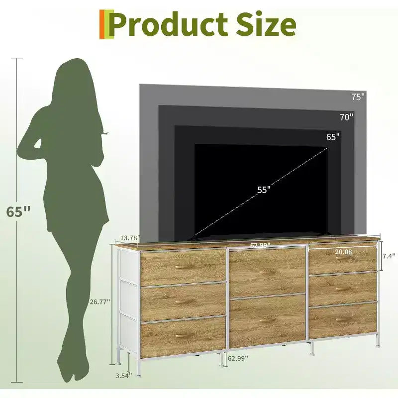8 Drawer Fabric Dresser TV Stand with Wooden Top, Metal Frame Storage Chest, Wide Closet Organizer for Bedroom Living Room Hallway