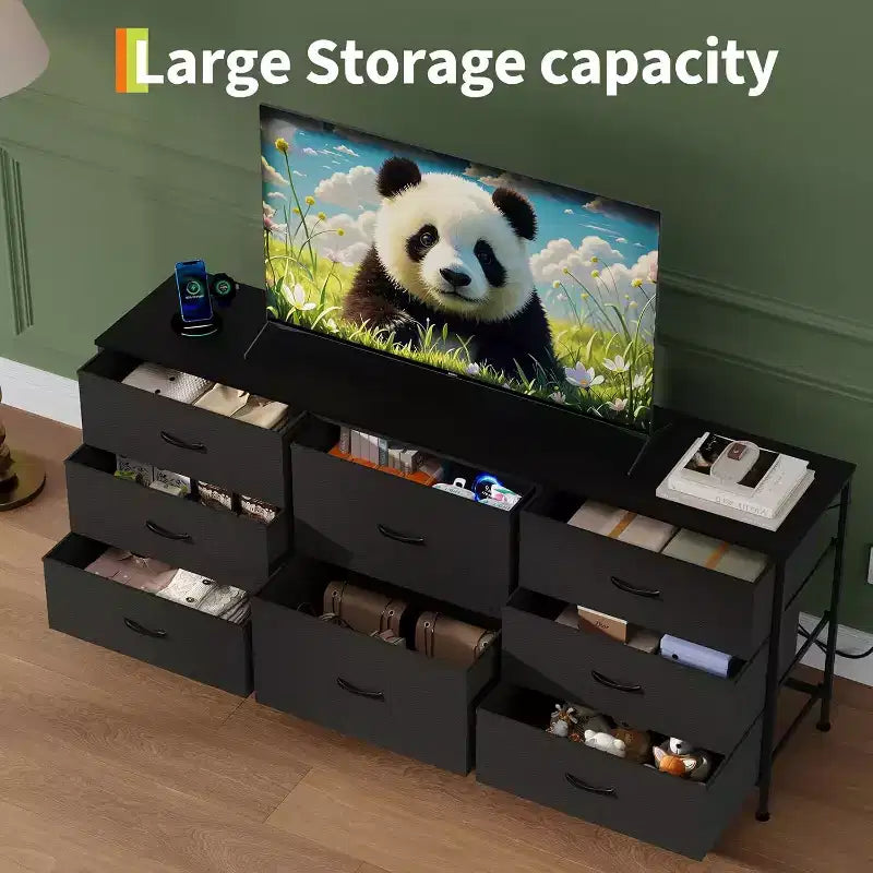 8 Drawer Fabric Dresser TV Stand with Wooden Top, Metal Frame Storage Chest, Wide Closet Organizer for Bedroom Living Room Hallway