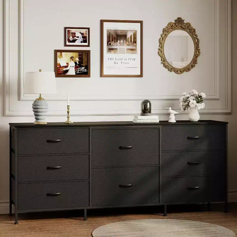 8 Drawer Fabric Dresser TV Stand with Wooden Top, Metal Frame Storage Chest, Wide Closet Organizer for Bedroom Living Room Hallway