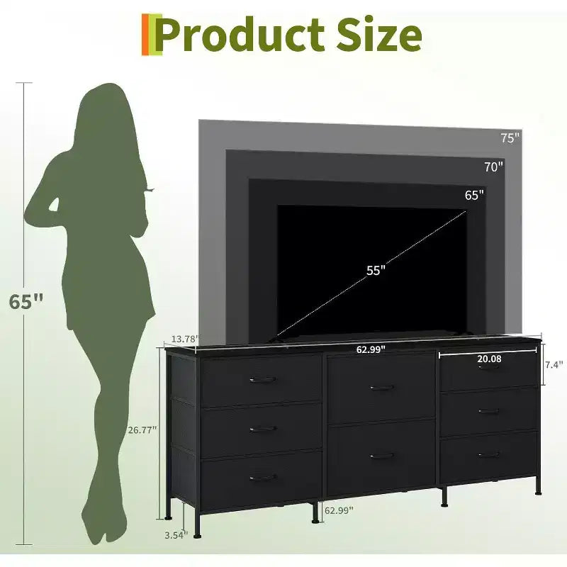 8 Drawer Fabric Dresser TV Stand with Wooden Top, Metal Frame Storage Chest, Wide Closet Organizer for Bedroom Living Room Hallway