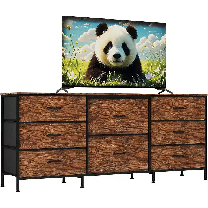 8 Drawer Fabric Dresser TV Stand with Wooden Top, Metal Frame Storage Chest, Wide Closet Organizer for Bedroom Living Room Hallway