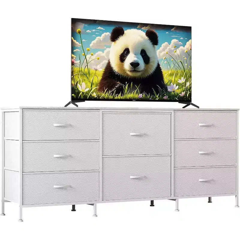 8 Drawer Fabric Dresser TV Stand with Wooden Top, Metal Frame Storage Chest, Wide Closet Organizer for Bedroom Living Room Hallway