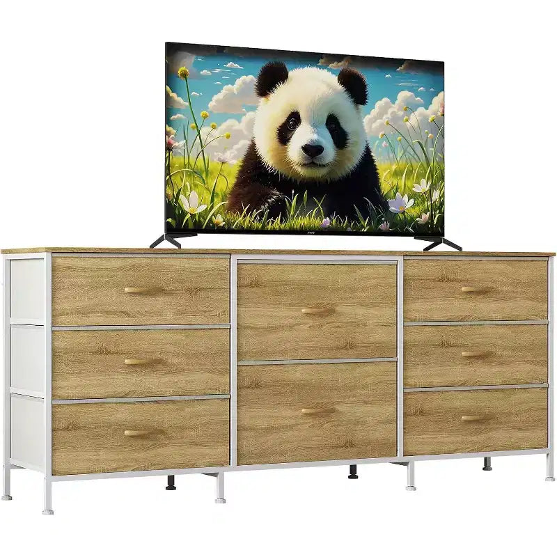 8 Drawer Fabric Dresser TV Stand with Wooden Top, Metal Frame Storage Chest, Wide Closet Organizer for Bedroom Living Room Hallway