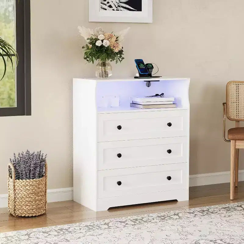 31.5 Wide 3-Drawer Dresser, with Open Storage Shelf for Living Room, White