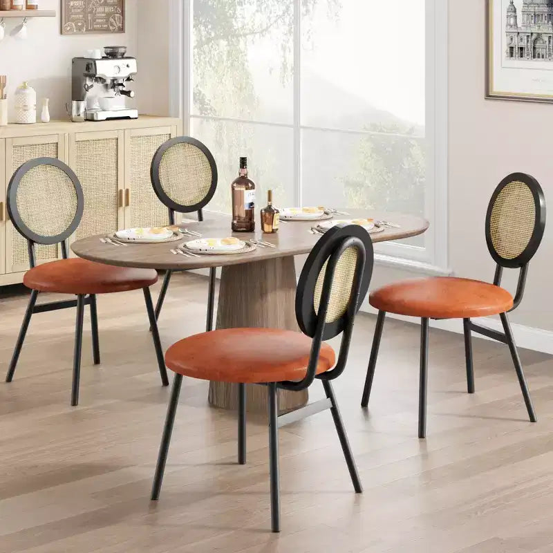 Rattan Dining Chairs Set of 4. Modern Upholstered Kitchen Chairs with Thick Cushions & Metal Legs. Ideal for Small Spaces