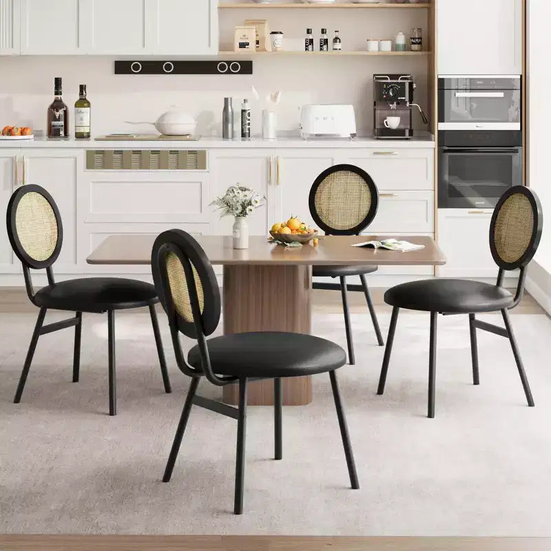 Rattan Dining Chairs Set of 4. Modern Upholstered Kitchen Chairs with Thick Cushions & Metal Legs. Ideal for Small Spaces
