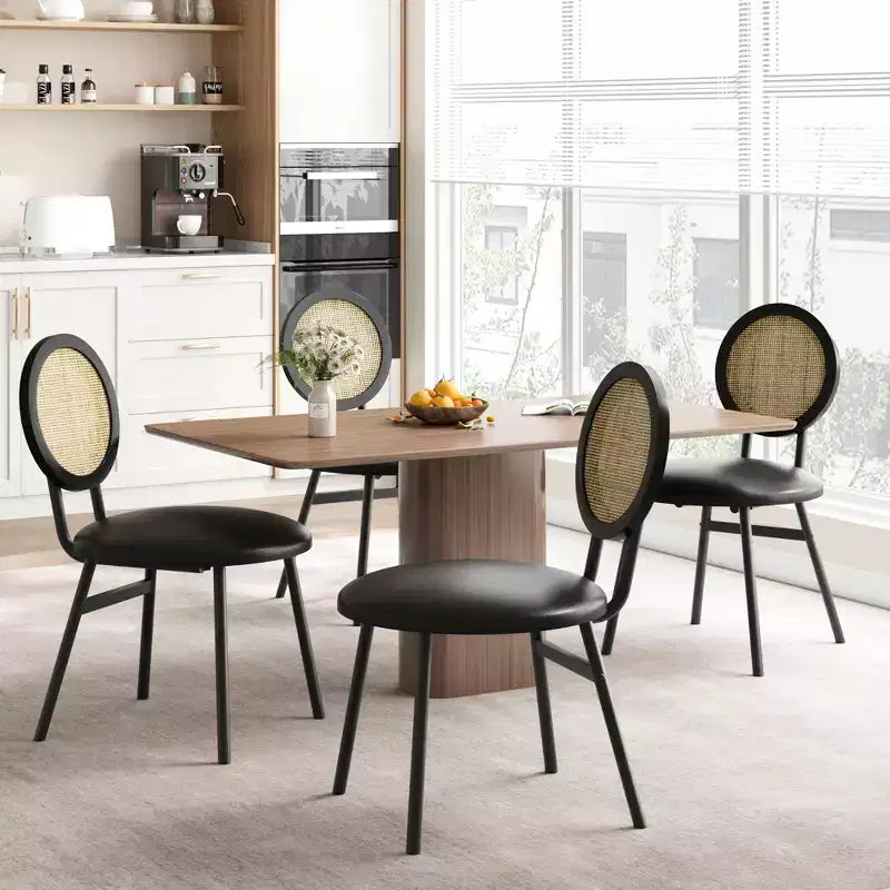 Rattan Dining Chairs Set of 4. Modern Upholstered Kitchen Chairs with Thick Cushions & Metal Legs. Ideal for Small Spaces