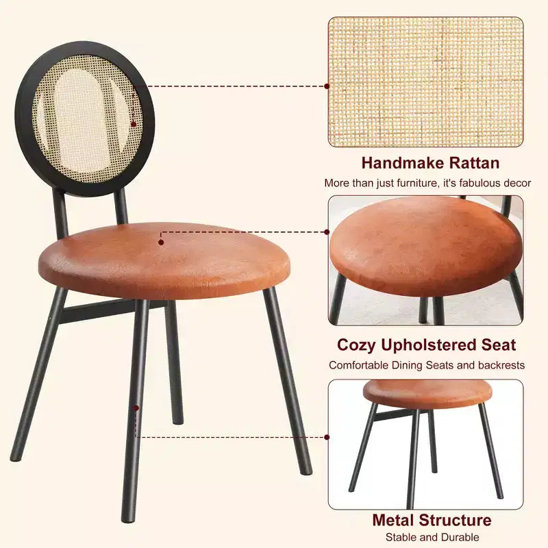 Rattan Dining Chairs Set of 4. Modern Upholstered Kitchen Chairs with Thick Cushions & Metal Legs. Ideal for Small Spaces
