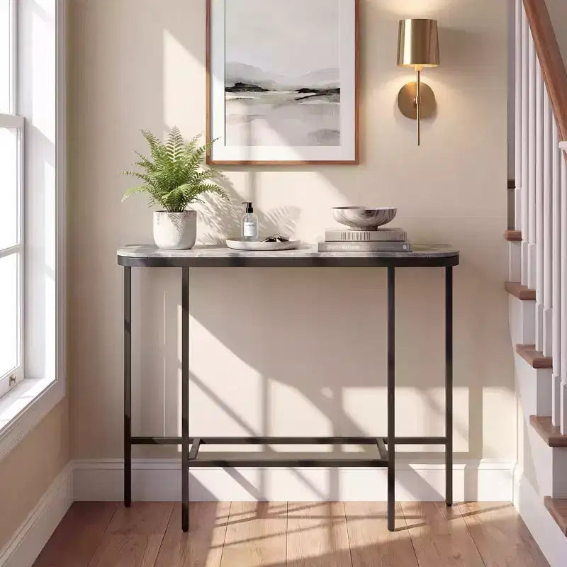 Entryway Table with Faux Marble Top and Metal Frame, Behind Couch Table for Hallway White and Gold/Gray and Black