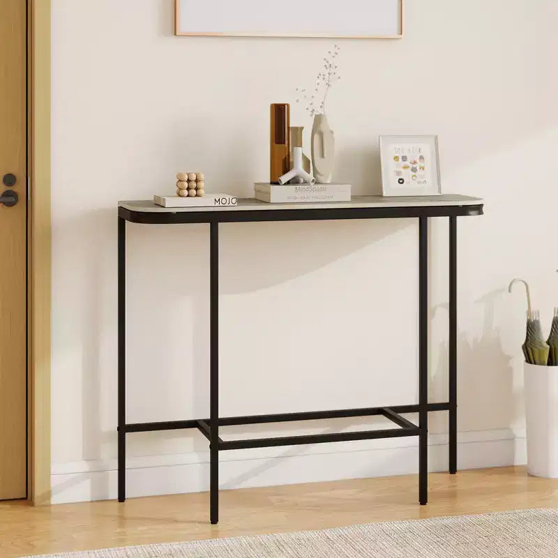 Entryway Table with Faux Marble Top and Metal Frame, Behind Couch Table for Hallway White and Gold/Gray and Black