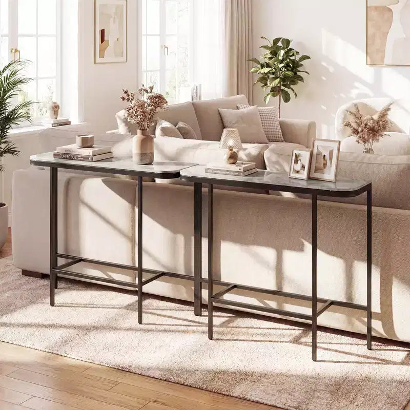 Entryway Table with Faux Marble Top and Metal Frame, Behind Couch Table for Hallway White and Gold/Gray and Black