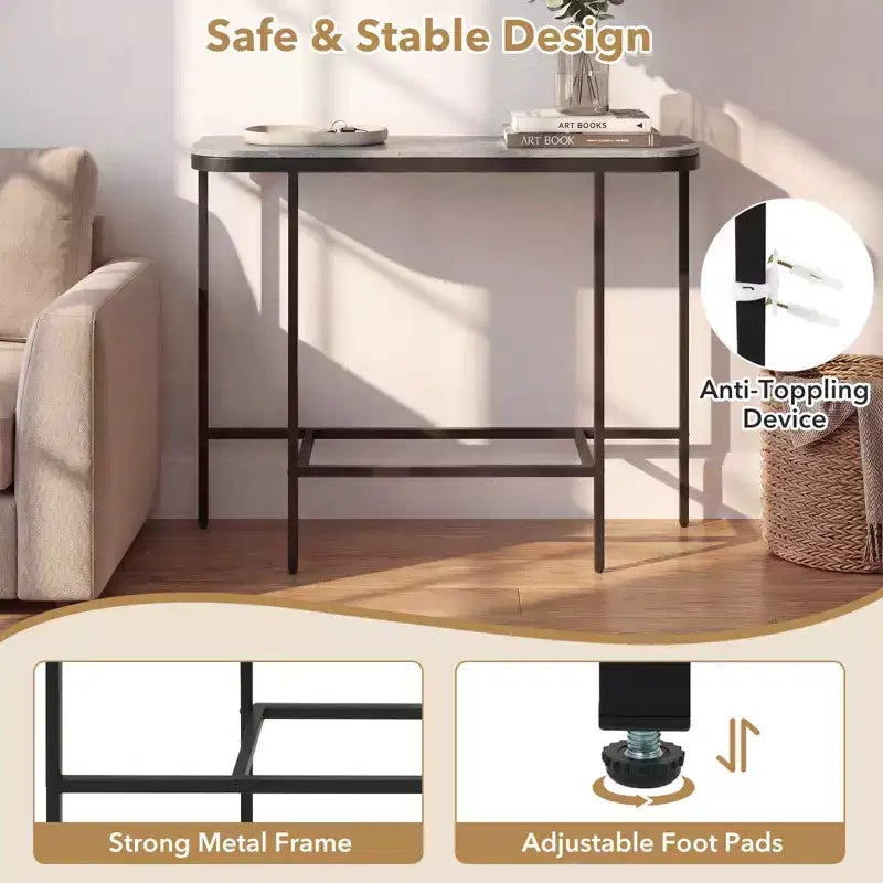 Entryway Table with Faux Marble Top and Metal Frame, Behind Couch Table for Hallway White and Gold/Gray and Black