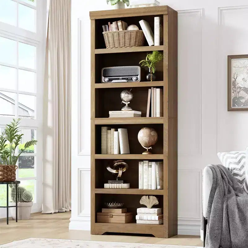 75 Farmhouse Tall Bookshelf, 6 Tier Open Bookcase with Adjustable Shelves, Anti-Tip Freestanding Display Storage Organizer for Home Office & Room
