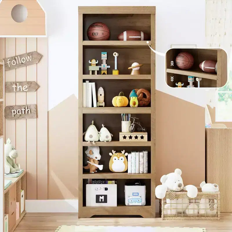 75 Farmhouse Tall Bookshelf, 6 Tier Open Bookcase with Adjustable Shelves, Anti-Tip Freestanding Display Storage Organizer for Home Office & Room
