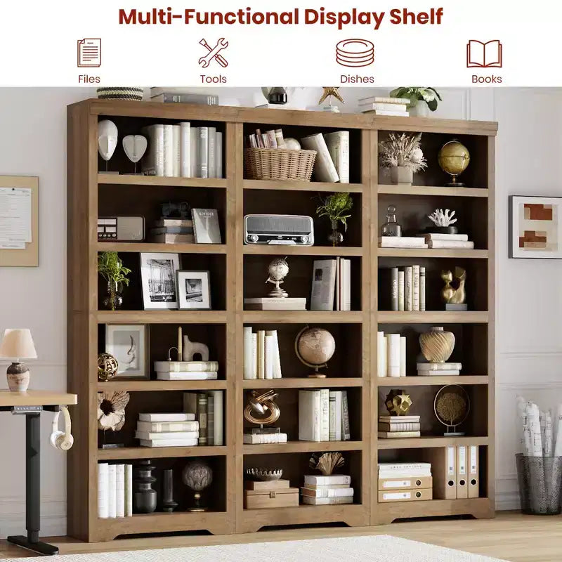 75 Farmhouse Tall Bookshelf, 6 Tier Open Bookcase with Adjustable Shelves, Anti-Tip Freestanding Display Storage Organizer for Home Office & Room