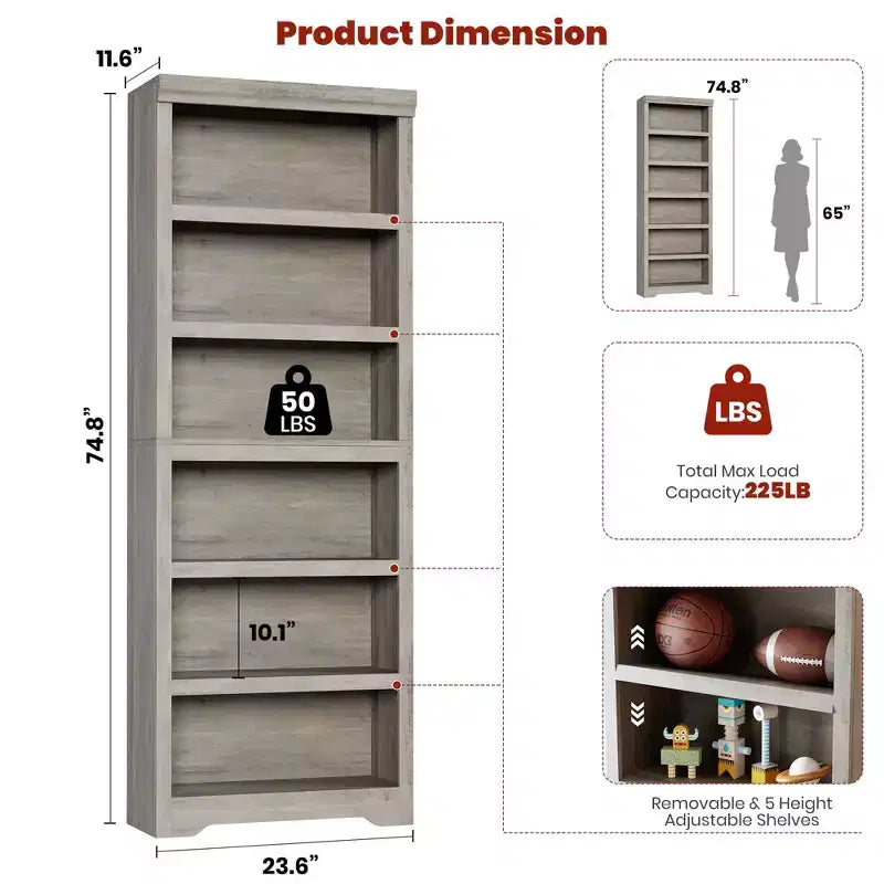 75 Farmhouse Tall Bookshelf, 6 Tier Open Bookcase with Adjustable Shelves, Anti-Tip Freestanding Display Storage Organizer for Home Office & Room