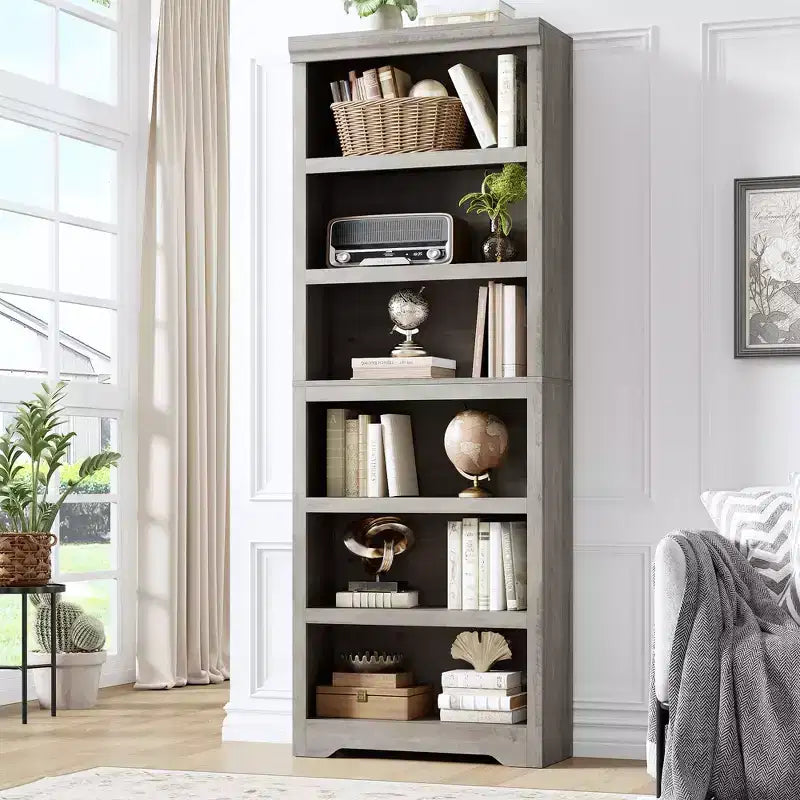 75 Farmhouse Tall Bookshelf, 6 Tier Open Bookcase with Adjustable Shelves, Anti-Tip Freestanding Display Storage Organizer for Home Office & Room