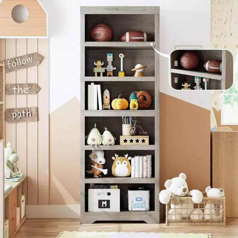 75 Farmhouse Tall Bookshelf, 6 Tier Open Bookcase with Adjustable Shelves, Anti-Tip Freestanding Display Storage Organizer for Home Office & Room