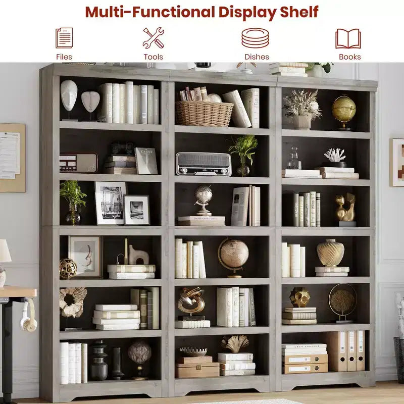 75 Farmhouse Tall Bookshelf, 6 Tier Open Bookcase with Adjustable Shelves, Anti-Tip Freestanding Display Storage Organizer for Home Office & Room